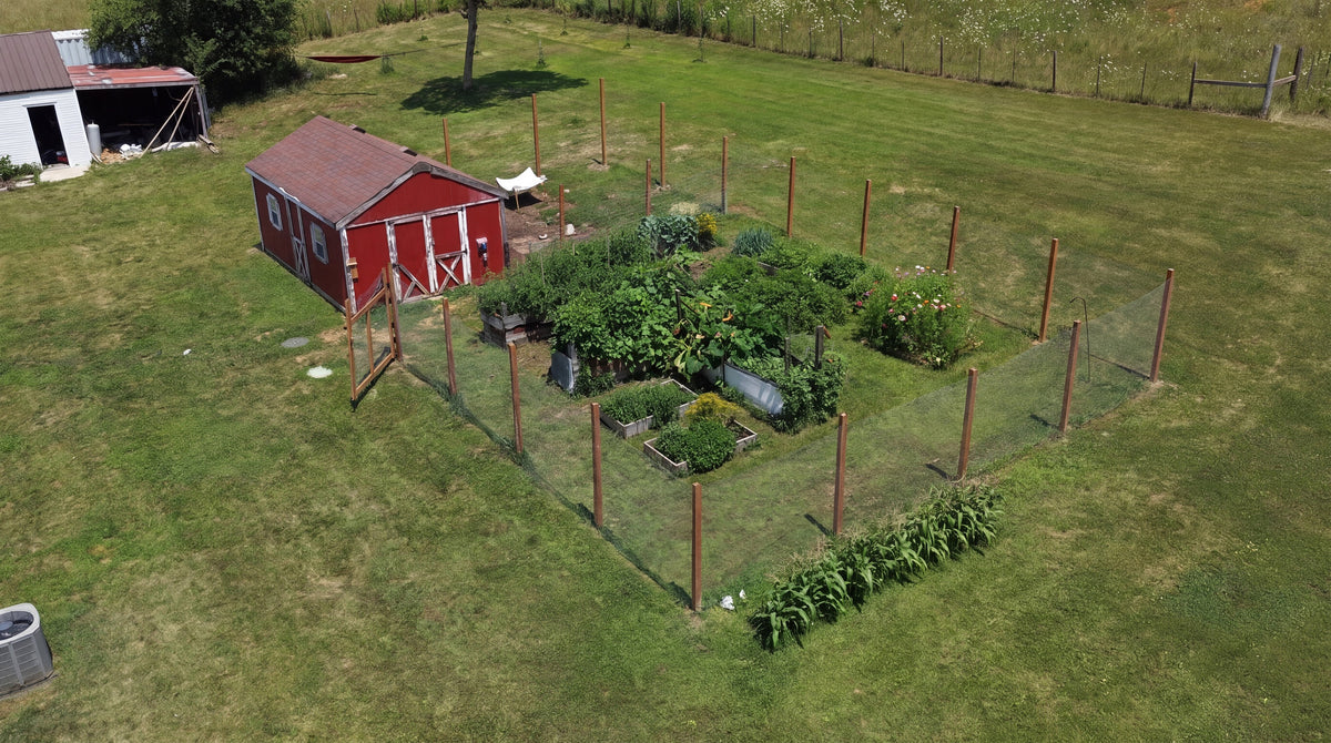 Aerial view of the Blong Farms garden and red barn